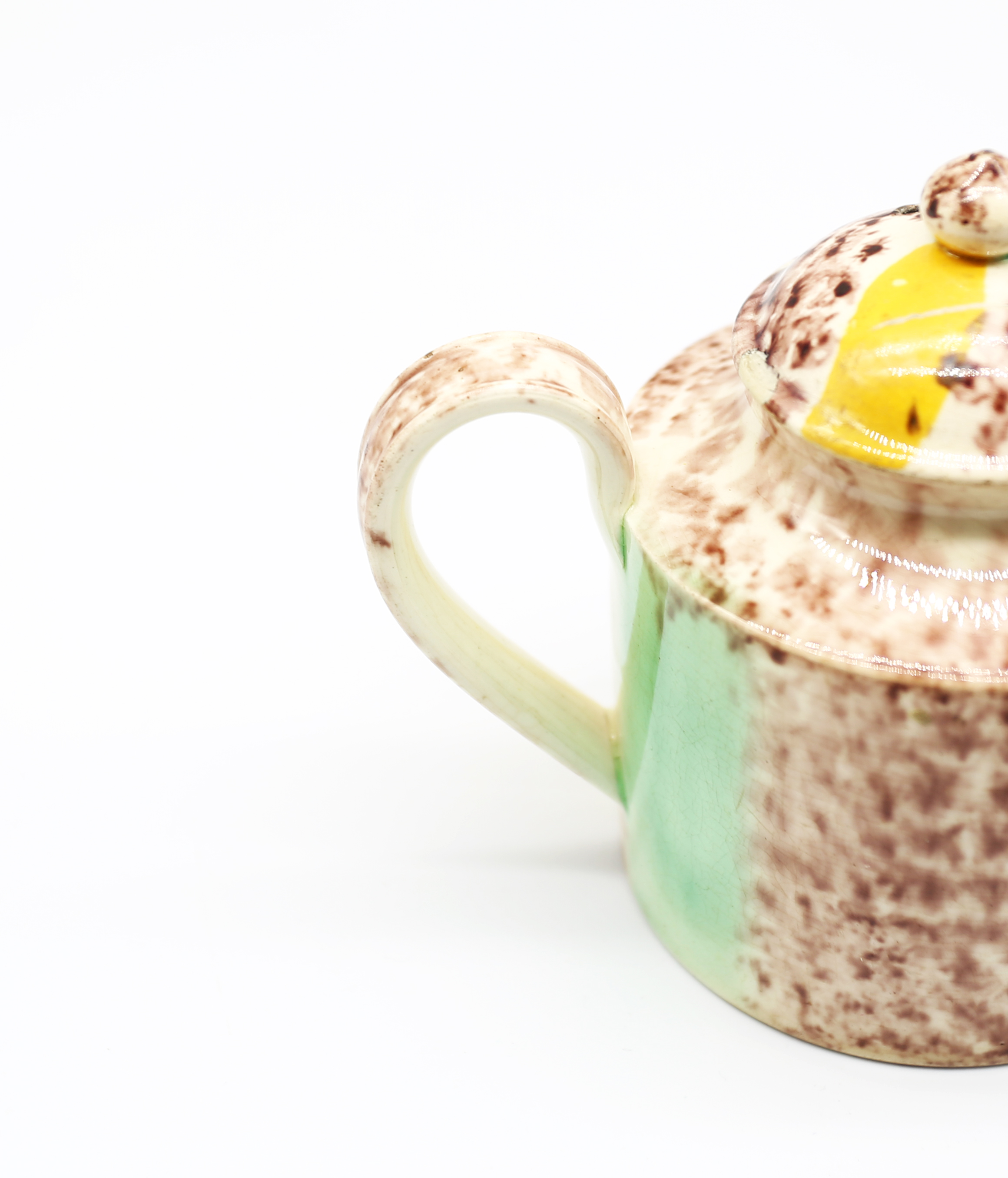 A small cylindrical Whieldon style teapot and cover, sponge decorated in brown, yellow and green - Image 7 of 17