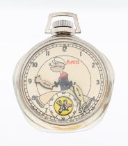 A 'Popeye' automation chrome cased pocket watch, circa 1930's, case approx 50mm winds and ticking,