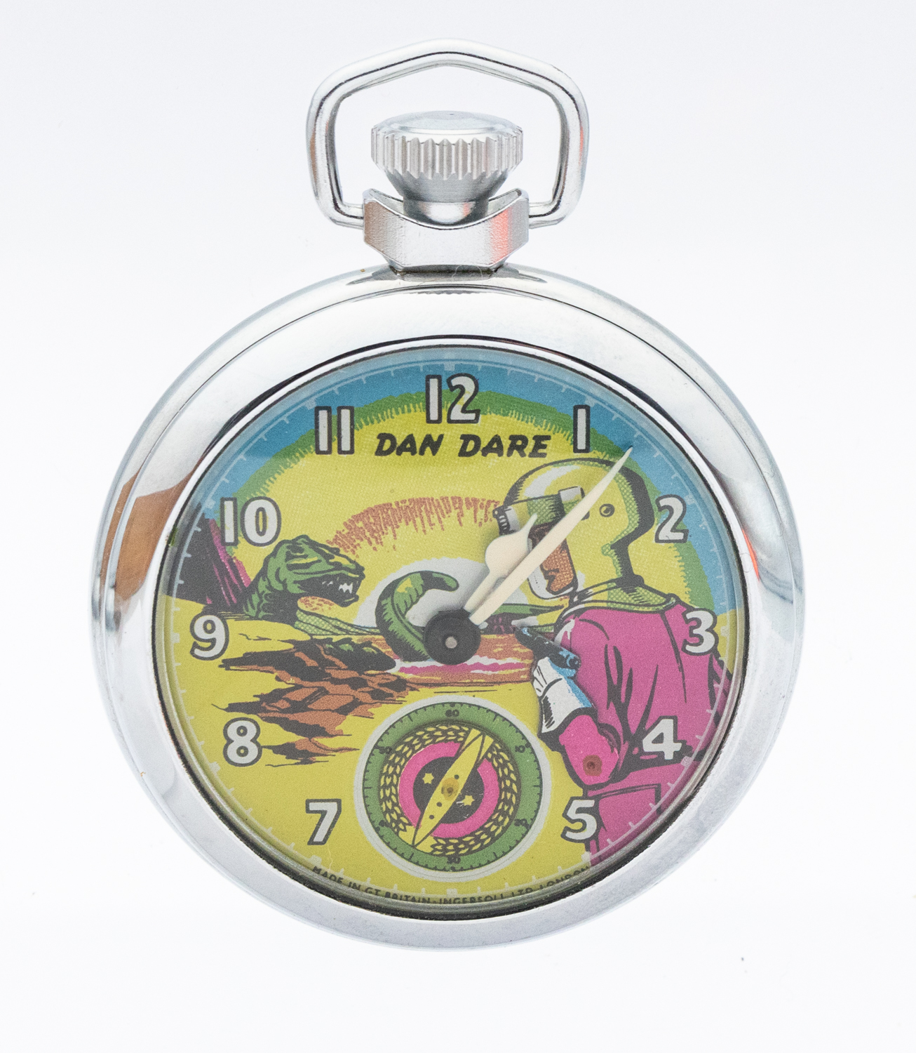 Ingersoll- a Dan Dare automation chrome cased pocket watch, circa 1950's, case approx 50mm, with