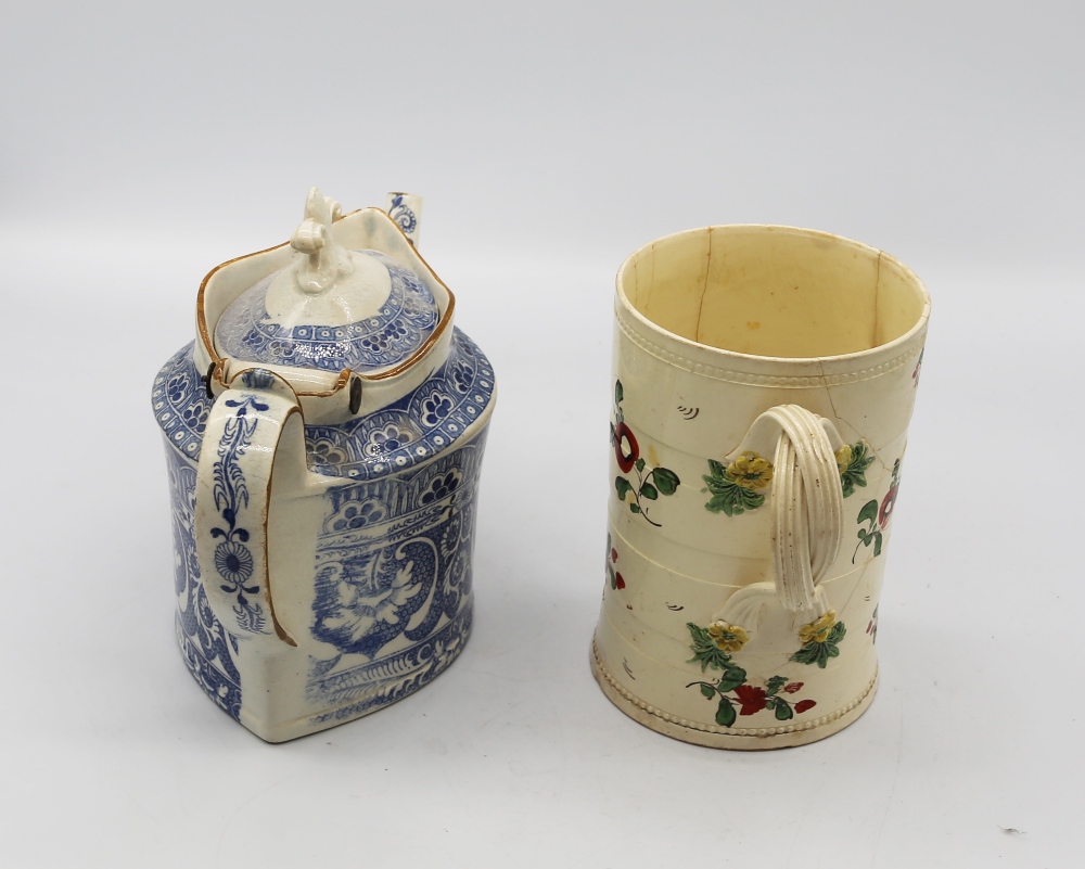 A Leeds creamware mug painted with flower sprays and an inscription LP 1775, with twisted strap - Image 5 of 6