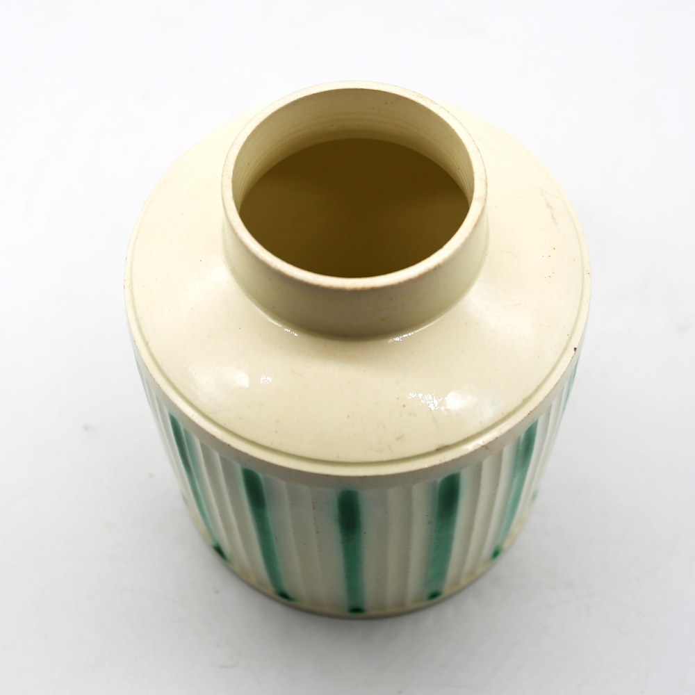 A Leeds creamware tea caddy and cover, with a ribbed body decorated  with green stripes  Circa 1775. - Image 2 of 6