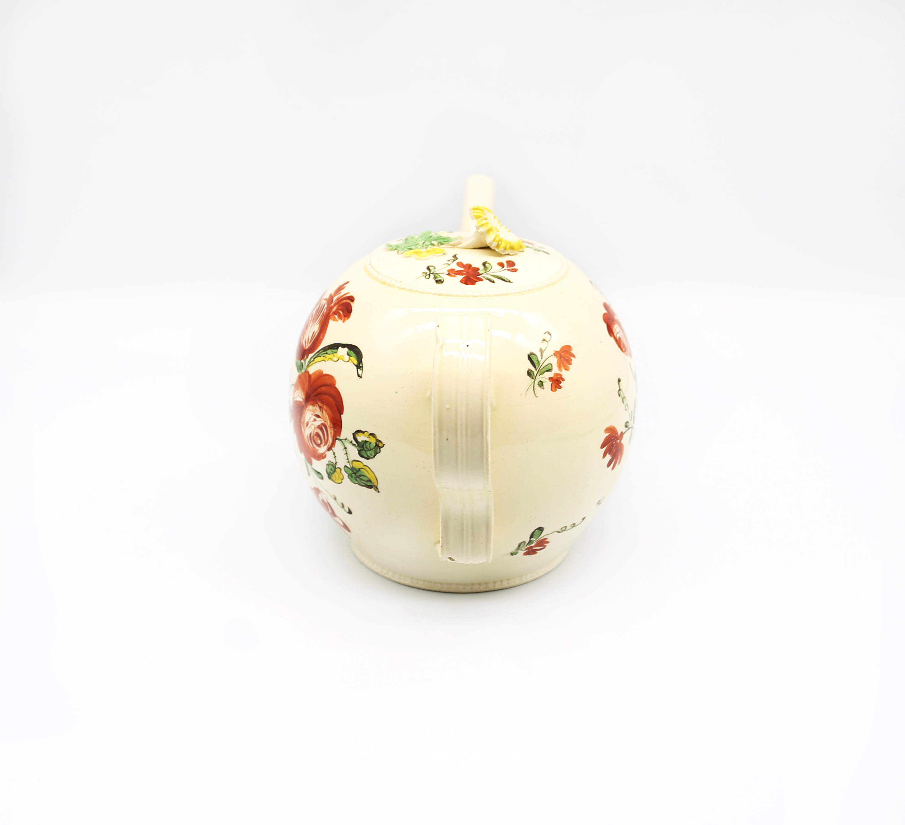 A Staffordshire William Greatbatch /Leeds creamware globular teapot and cover, painted with - Image 2 of 12