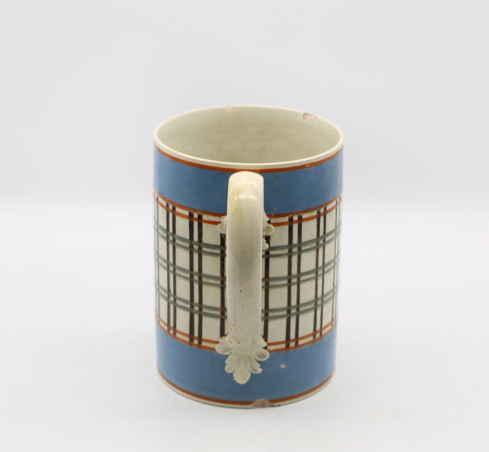 A creamware mug. Quart size with pale blue bands to top and foot rims and narrow orange bands  and - Image 2 of 11
