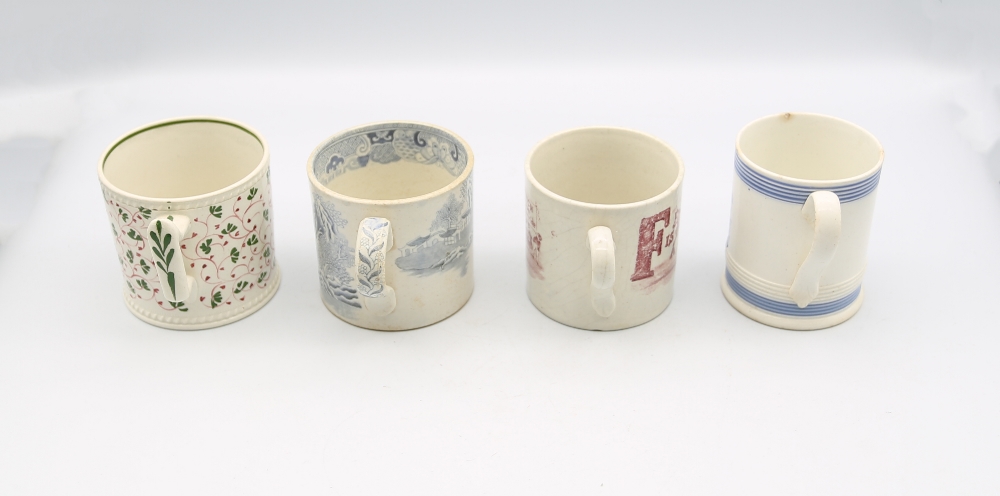 Four small pottery mugs, two blue and white Imperial half pint measures, along with a F is for Fox - Image 2 of 6