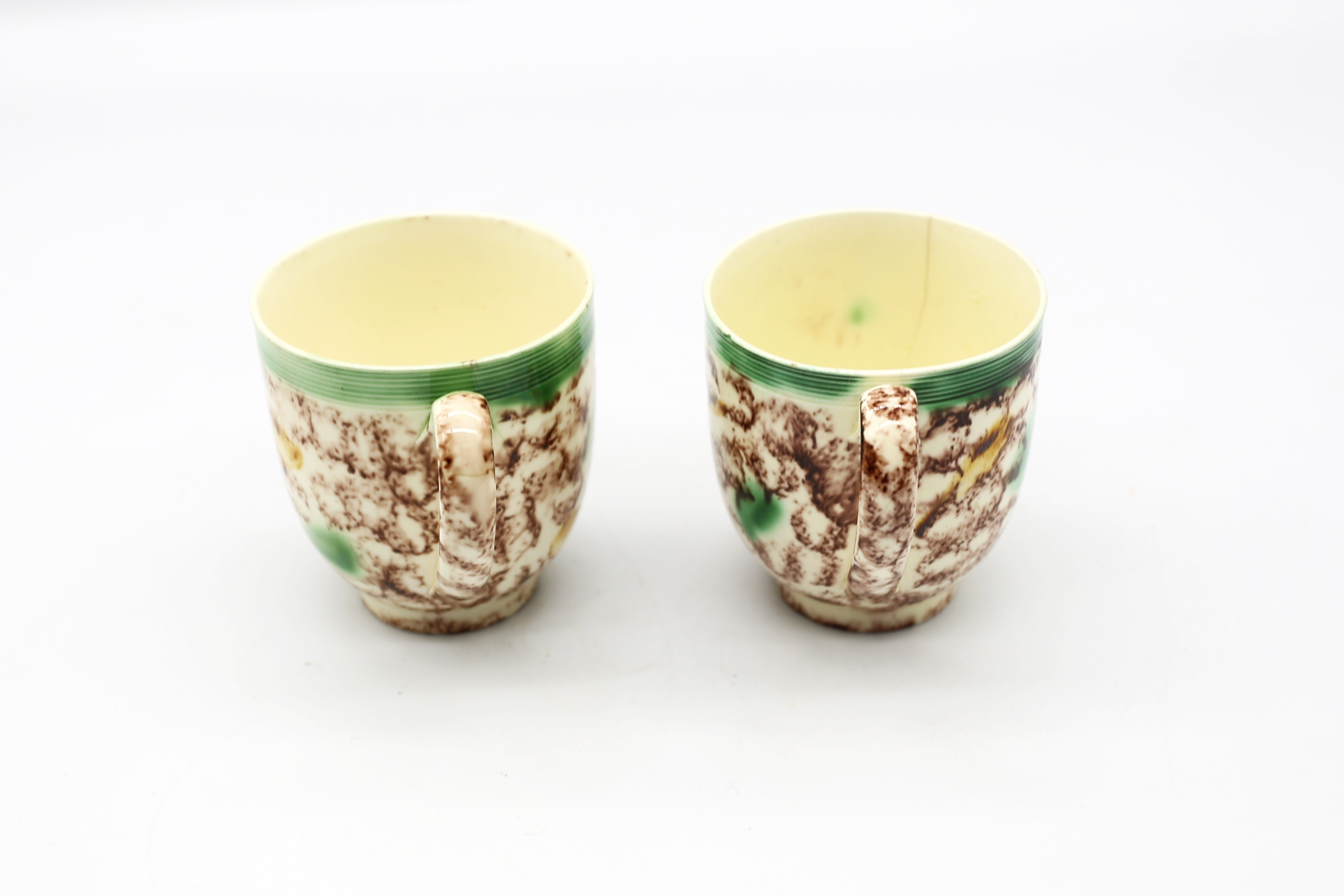 Two Whieldon style creamware coffee cups decorated in copper manganese and yellow.  Circa 1770. - Image 2 of 14