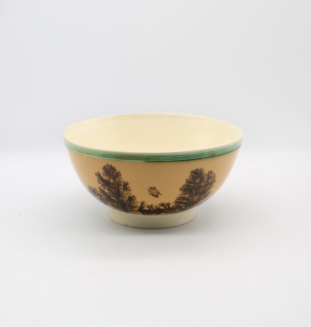 A creamware Mocha bowl, orange ground with black/sepia trees and a green ribbed band to top rim - Image 4 of 11