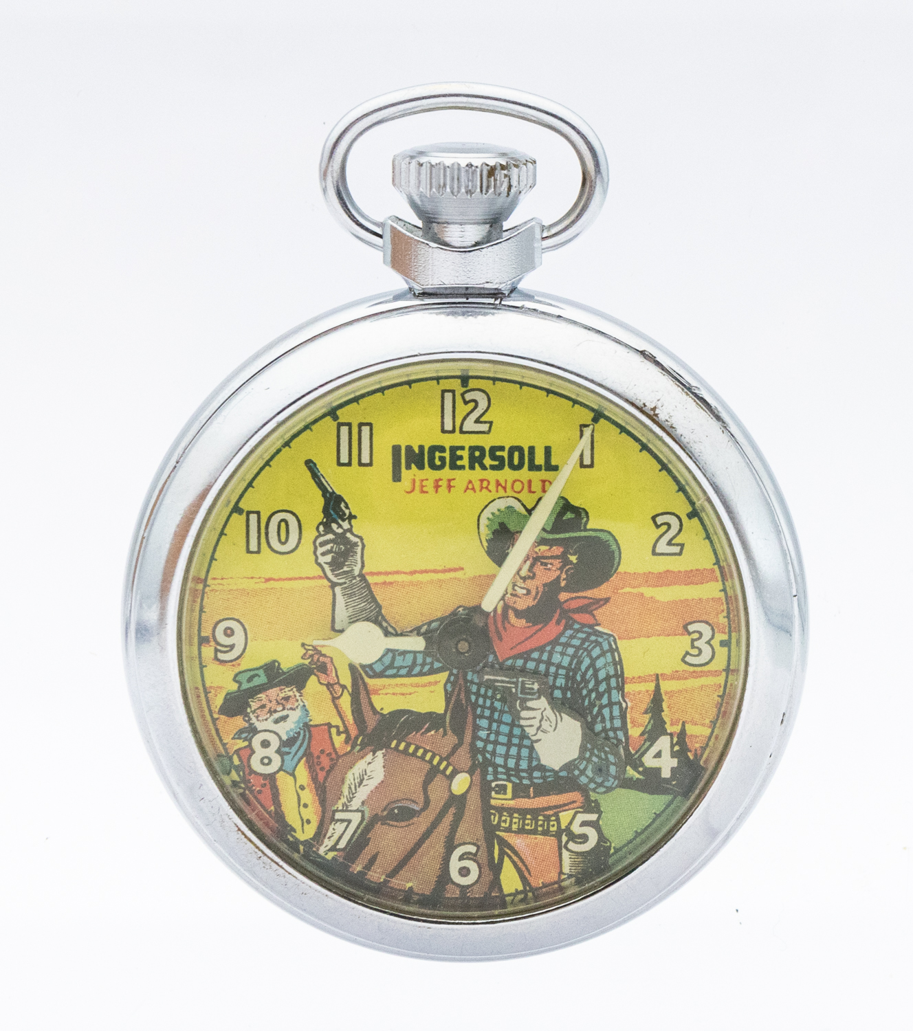 Ingersoll a  'Geoff Arnold' automation cowboy chrome cased pocket watch, circa 1950's, case approx