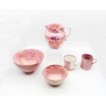 A small collection of Splash Lustre creamware, to include a jug, two bowls and two mugs, one mug