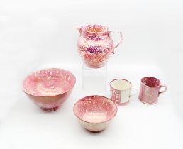A small collection of Splash Lustre creamware, to include a jug, two bowls and two mugs, one mug