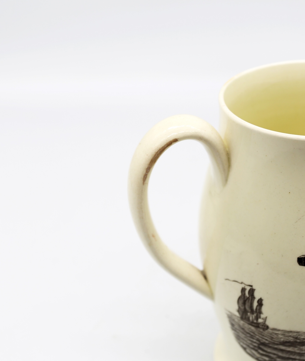 A Liverpool creamware jug, black transfer printed depicting a three masted sailing ship with the - Image 6 of 11
