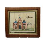 An early 20th Century needlework panel depicting single seater airplane flying over a station titled