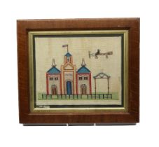 An early 20th Century needlework panel depicting single seater airplane flying over a station titled