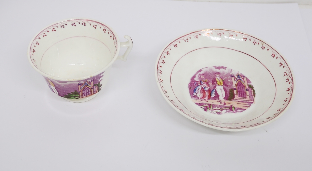 A small collection of 19th century pink lustre tea cups and saucers, teapot, milk jug and slop bowl. - Bild 4 aus 11