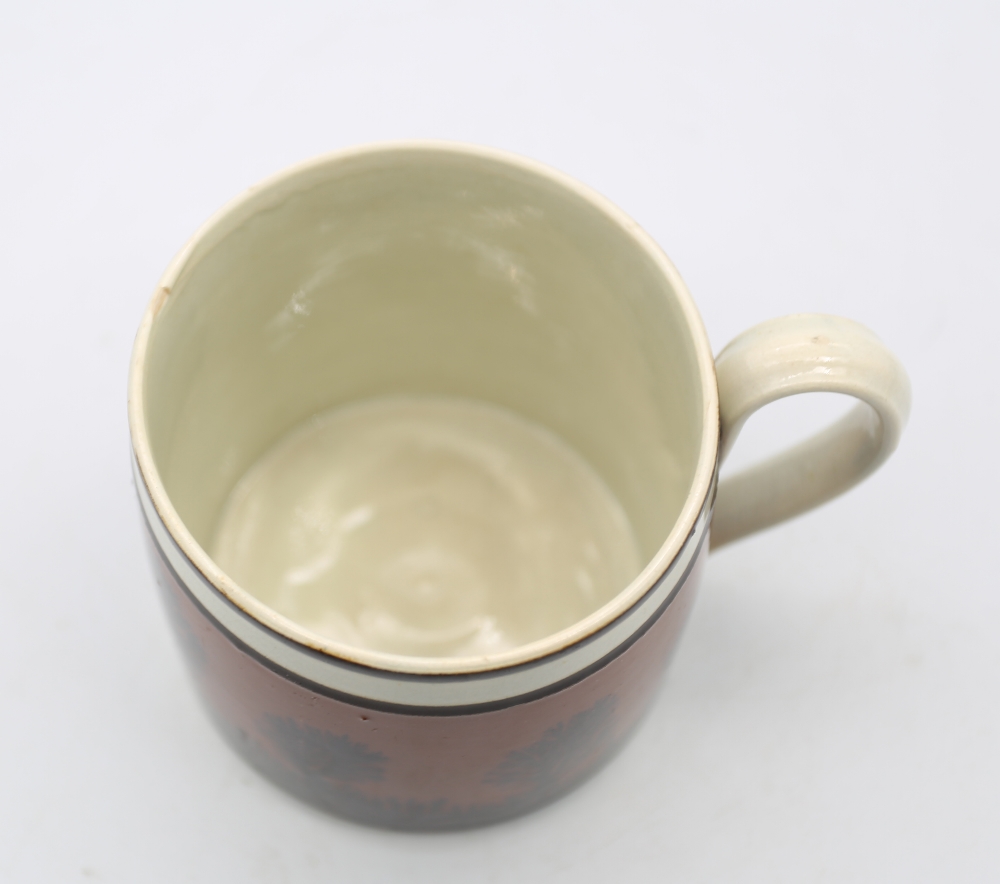 A creamware Mocha mug, dark terracotta ground with back feathered trees and black bands  Circa - Image 8 of 9