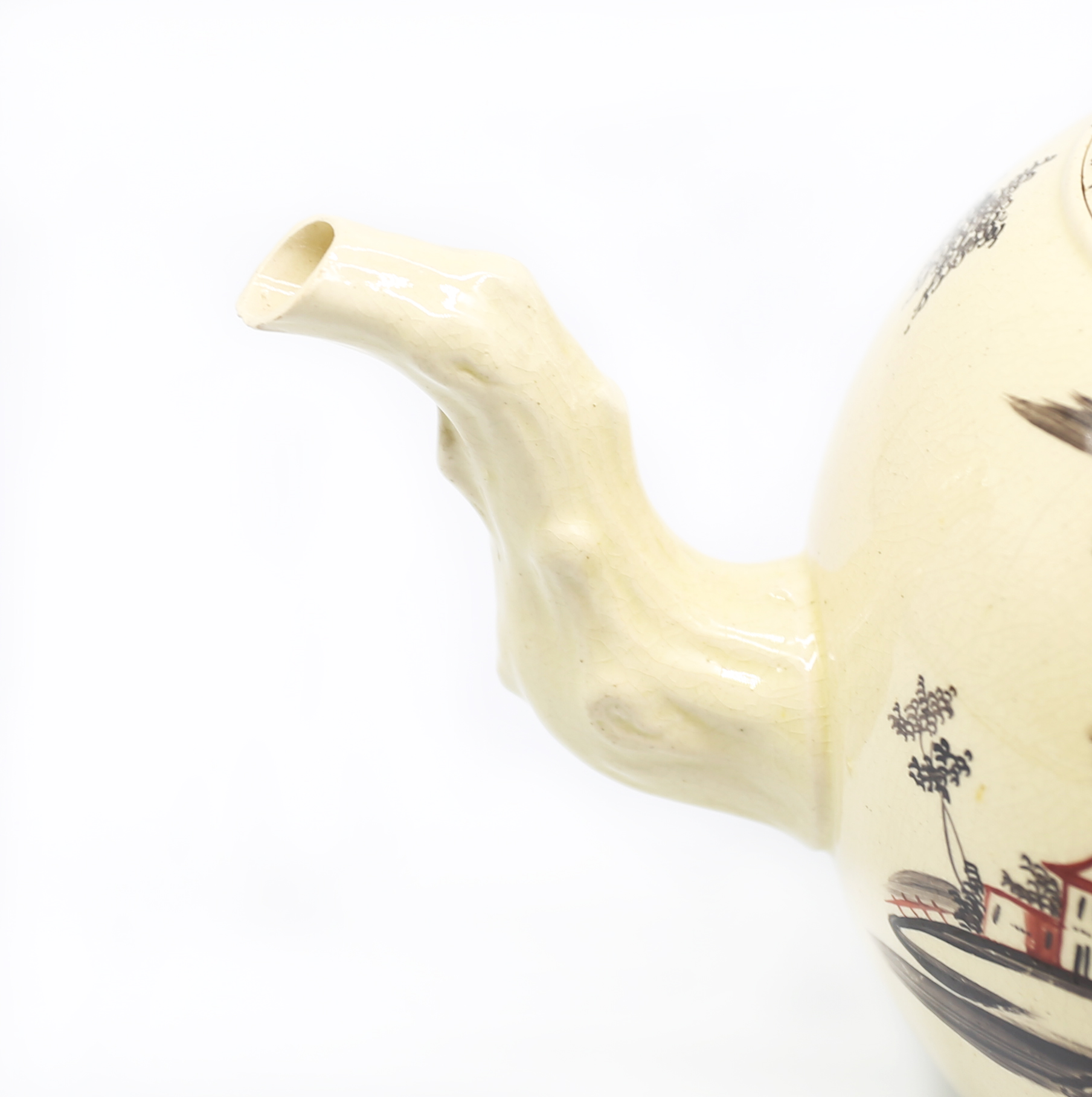 A Leeds creamware globular Teapot and cover, painted with a lady within a landscape, with a crab - Image 5 of 14
