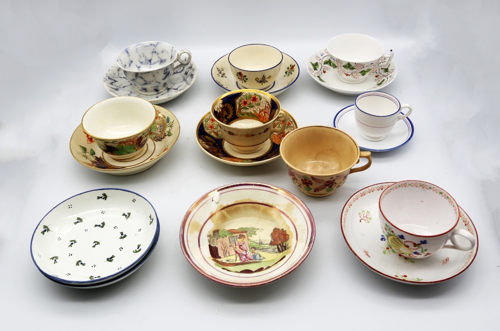 A small collection of 19th century cups and saucers, various patterns and factories, one marble
