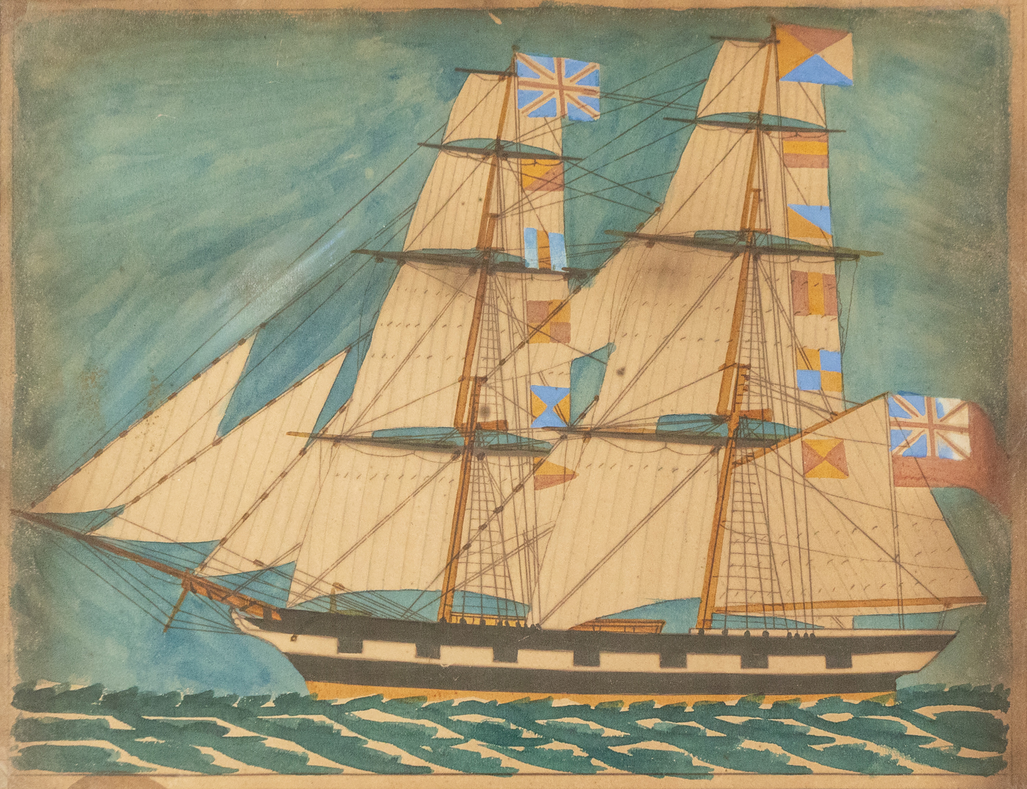 Maritime Interest: an early 19th Century English Naive School pencil and watercolour of a naval brig - Image 4 of 6