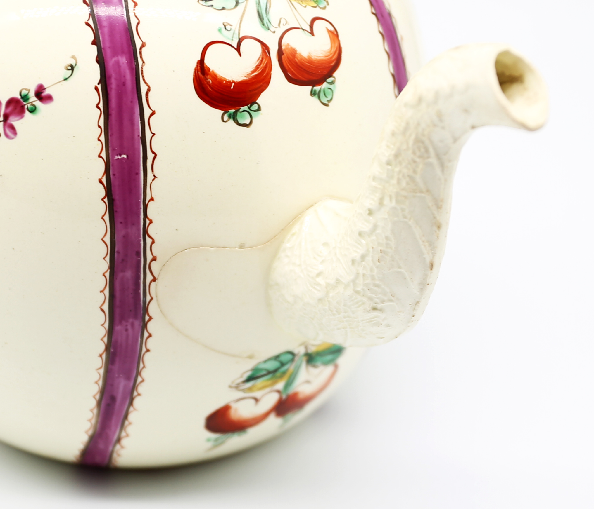 A Staffordshire Wedgwood creamware teapot and cover, painted with puce chintz bands with sprays of - Image 9 of 16