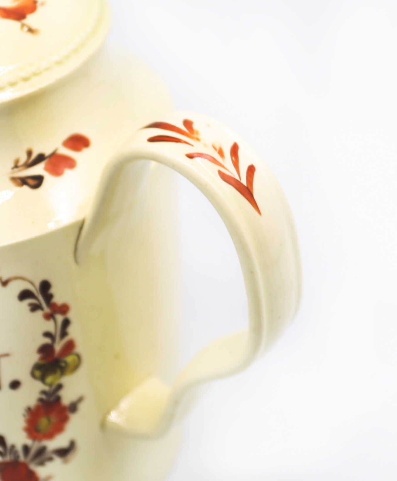 A Staffordshire Creamware William Greatbatch cylindrical teapot and cover, with an ear shaped handle - Image 8 of 15