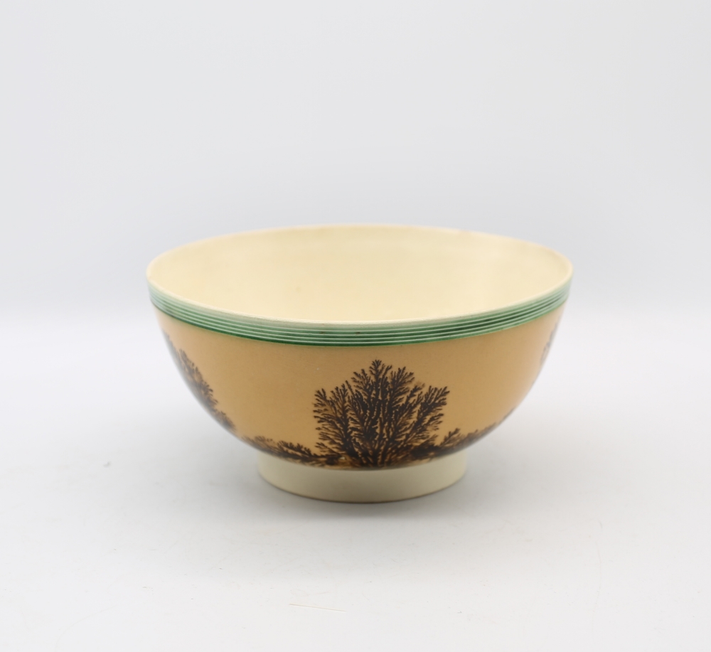 A creamware Mocha bowl, orange ground with black/sepia trees and a green ribbed band to top rim - Image 3 of 11