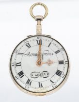 A George III continental Bonna Freres A Geneve silver cased pocket watch, white enamel signed dial