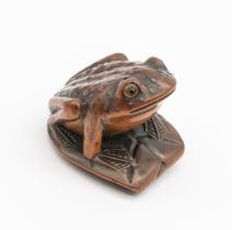 A 19th century Japanese wooden frog netsuke, perching on a leaf with orange eyes, signed underneath,