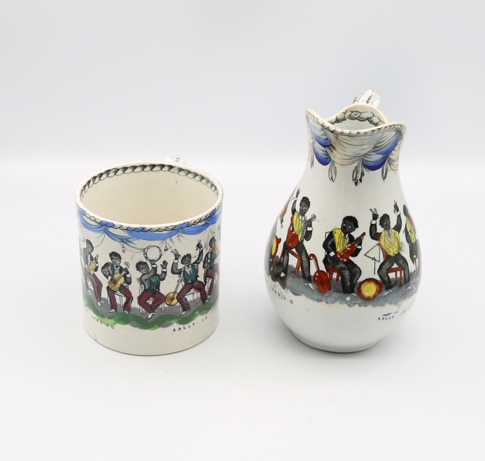 A Staffordshire pottery mug and jug, printed with musicians in a Jazz band with titles. ‘I wish I - Image 4 of 6