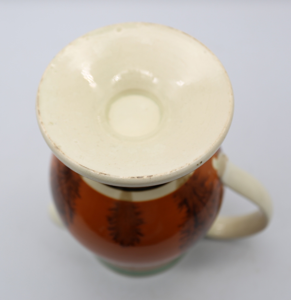 A creamware Mocha footed jug, dark terracotta with black feathered trees and green and brown - Image 8 of 9