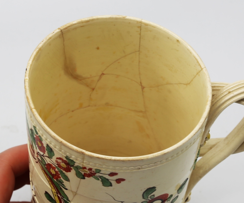 A Leeds creamware mug painted with flower sprays and an inscription LP 1775, with twisted strap - Image 6 of 6