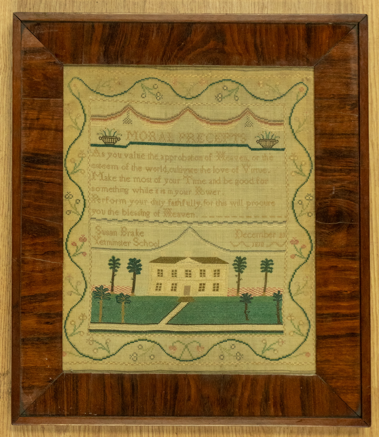 A George IV needlework sampler  by Susan Brake, 21 December 1818 with coloured silks on linen - Image 5 of 6