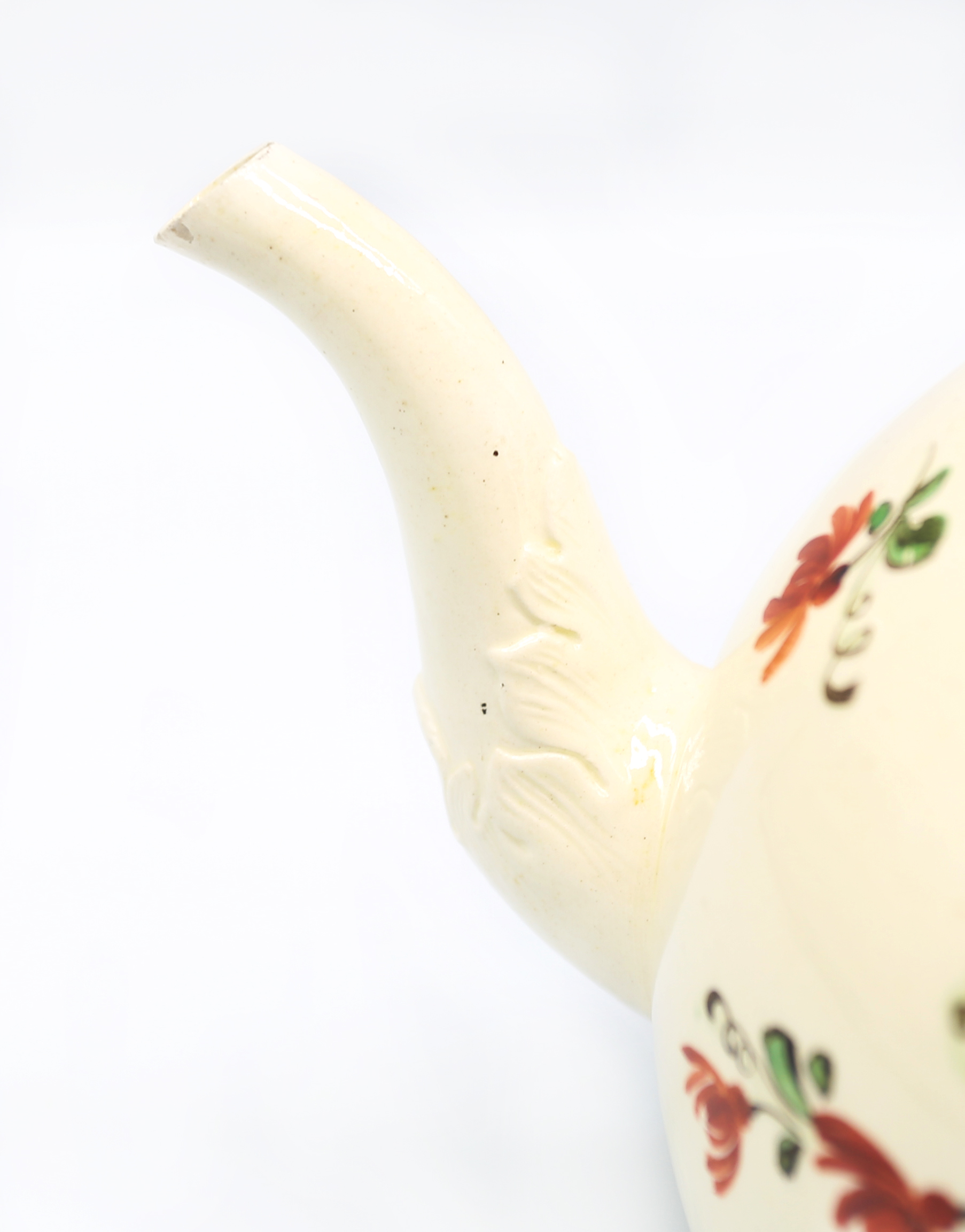A Staffordshire William Greatbatch /Leeds creamware globular teapot and cover, painted with - Image 5 of 12