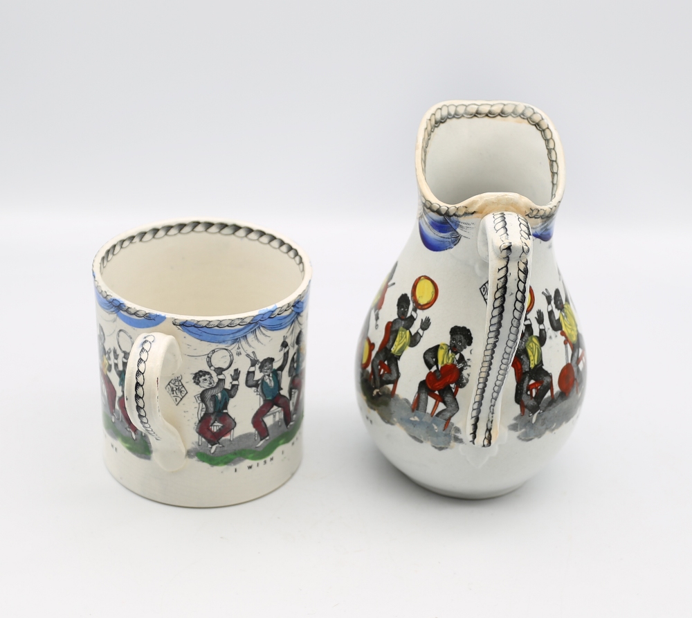 A Staffordshire pottery mug and jug, printed with musicians in a Jazz band with titles. ‘I wish I - Image 2 of 6