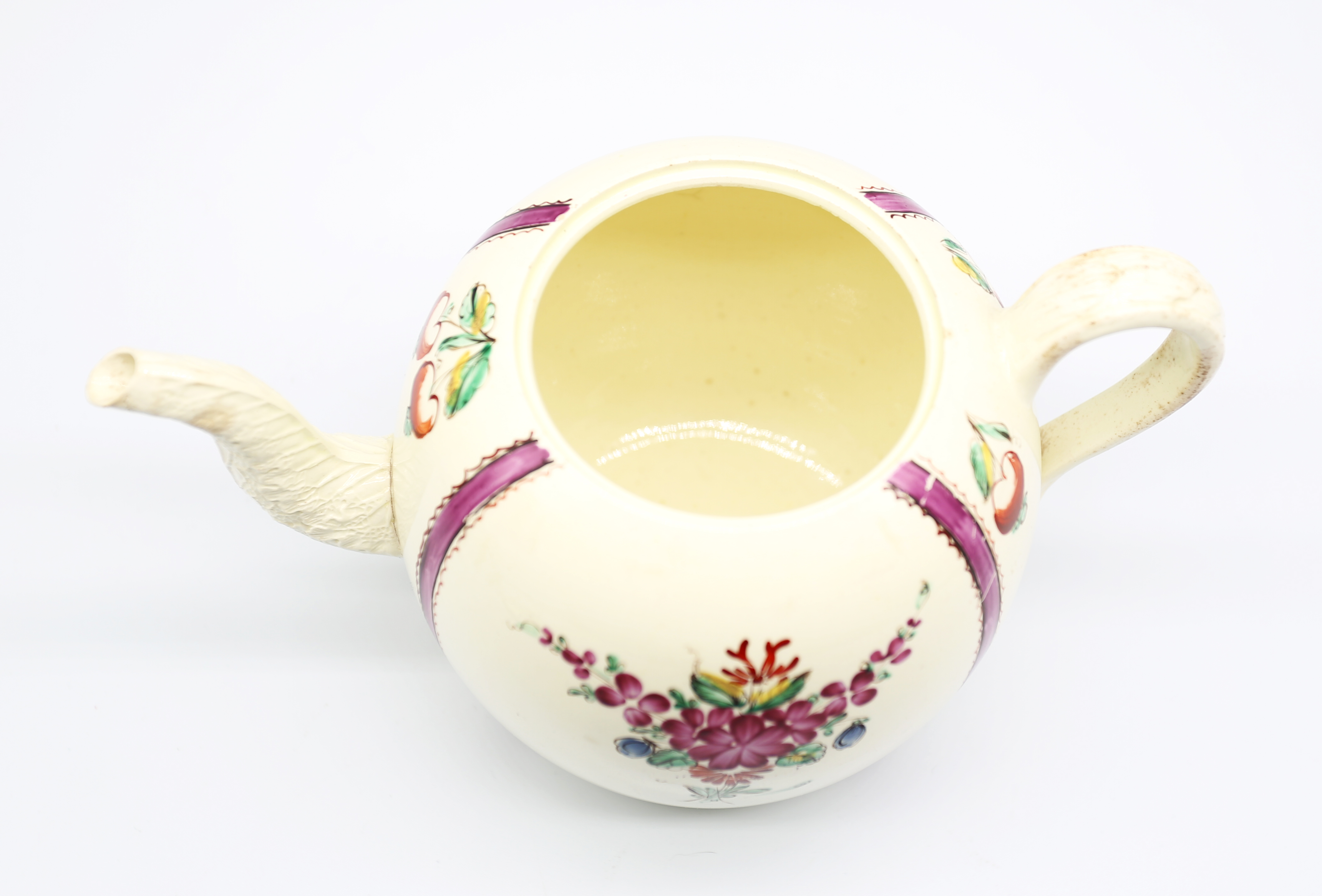A Staffordshire Wedgwood creamware teapot and cover, painted with puce chintz bands with sprays of - Image 14 of 16