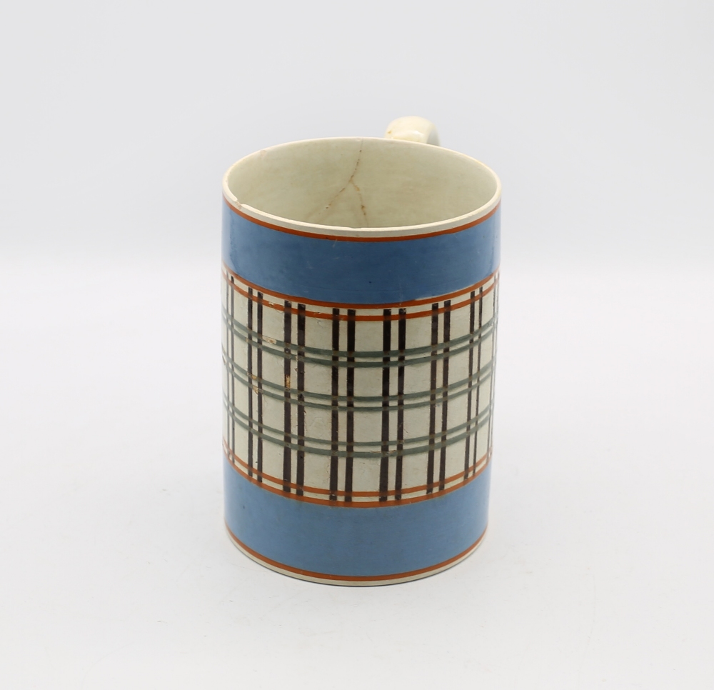 A creamware mug. Quart size with pale blue bands to top and foot rims and narrow orange bands  and - Image 4 of 11
