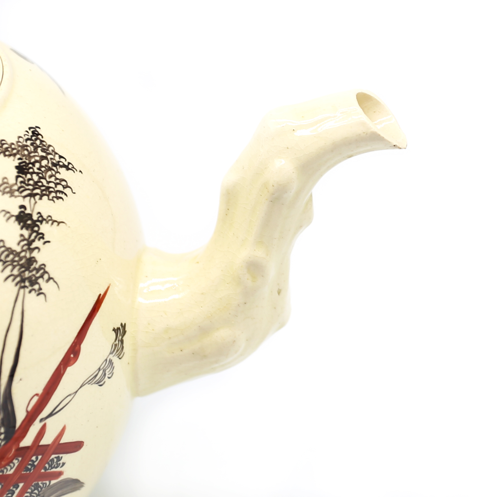 A Leeds creamware globular Teapot and cover, painted with a lady within a landscape, with a crab - Image 6 of 14