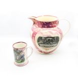 A very large Sunderland splash pink lustre jug, printed with ‘West view of the Iron bridge over