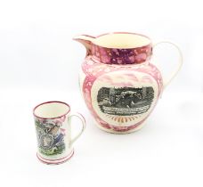 A very large Sunderland splash pink lustre jug, printed with ‘West view of the Iron bridge over