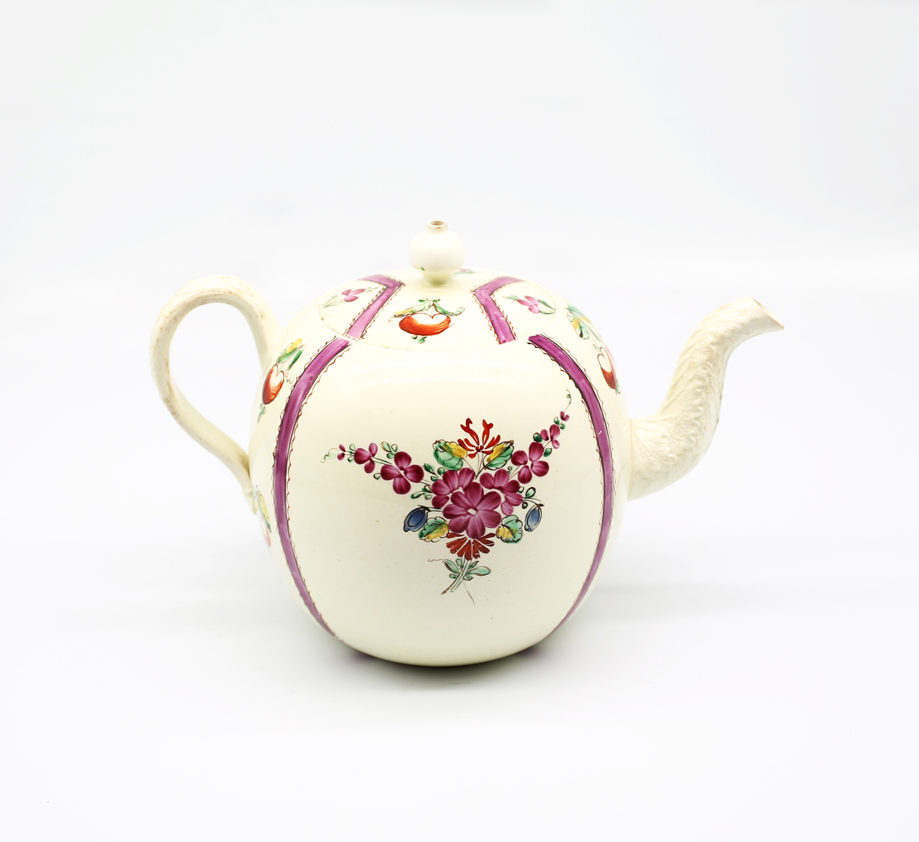 A Staffordshire Wedgwood creamware teapot and cover, painted with puce chintz bands with sprays of - Image 4 of 16