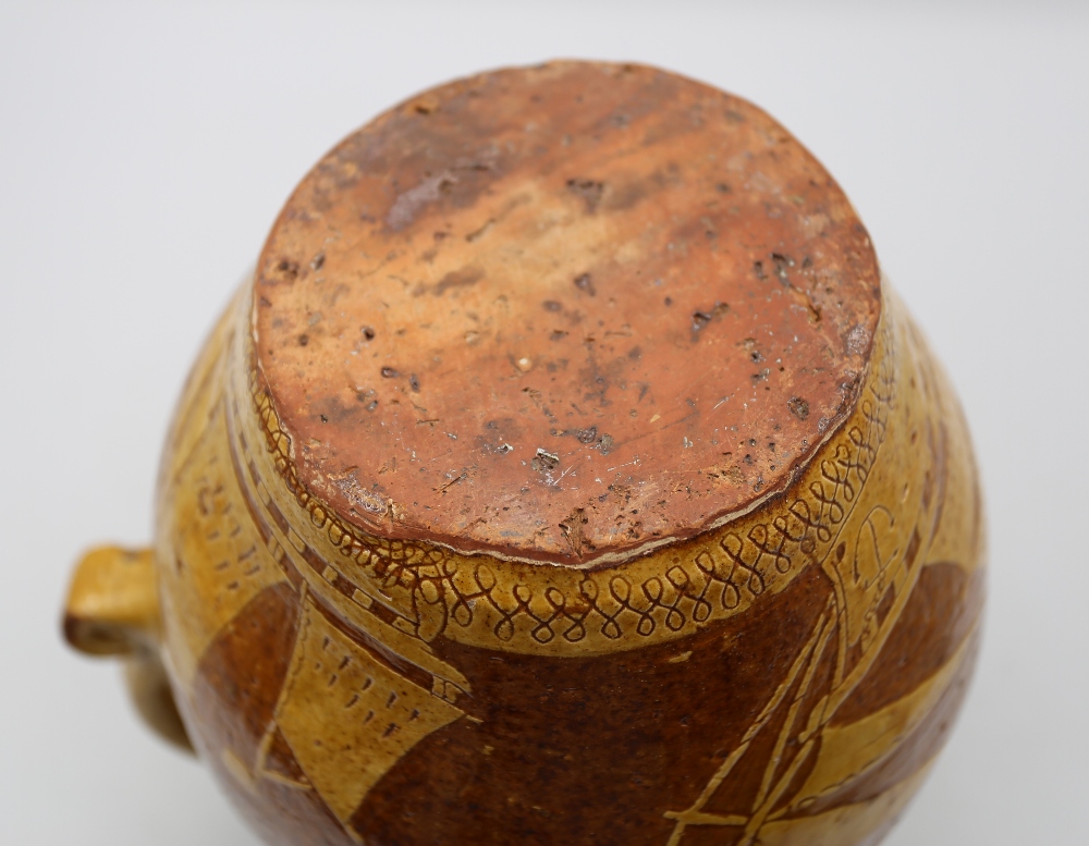 A West Country Red ware jug , decorated in ochre with sailing ships, stars, moon, cockerel, spade - Image 6 of 6