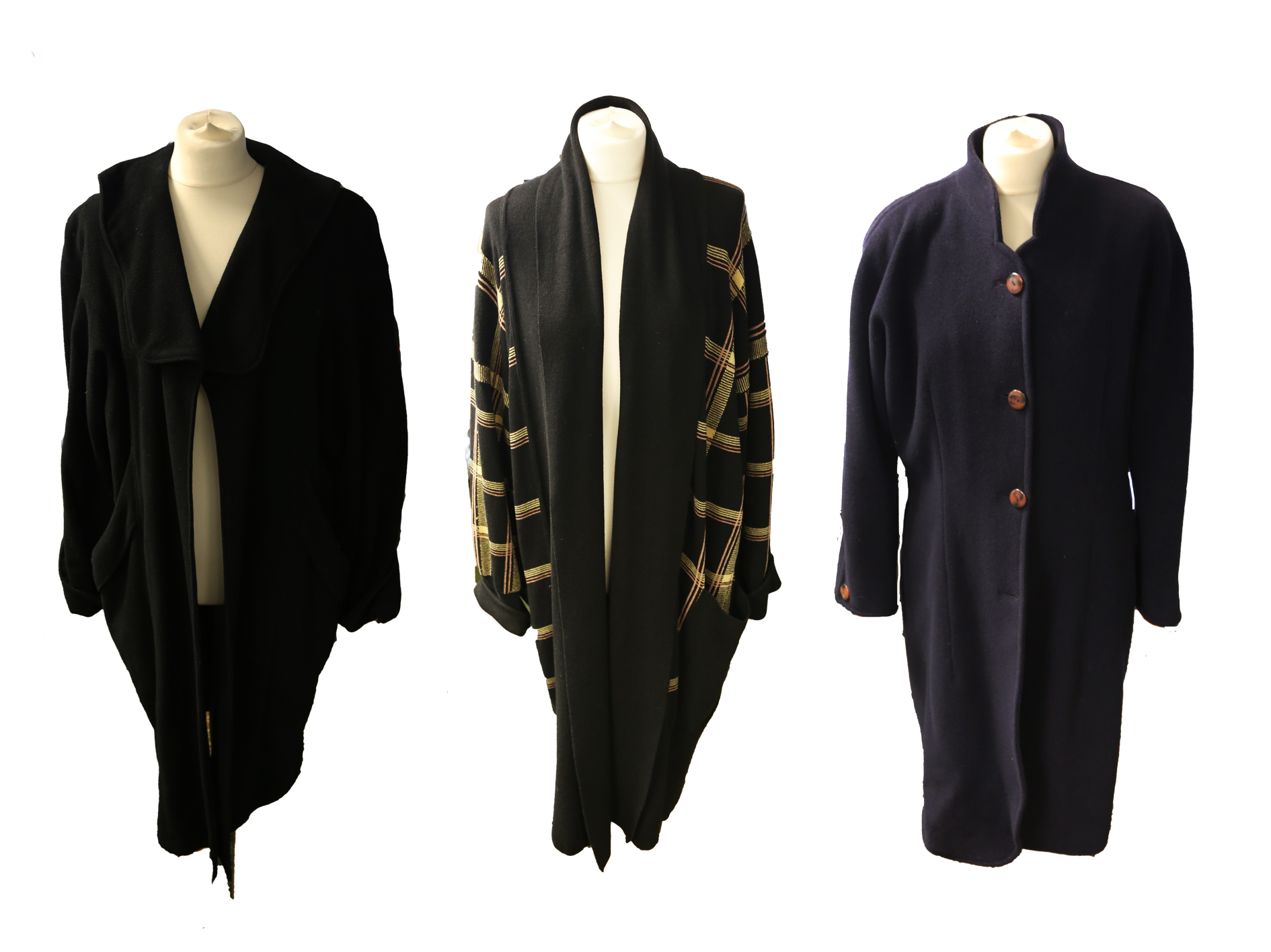 A Jean Muir cardigan coat in black and gold knit, 1980s/90s, size 14/16, two small holes on back