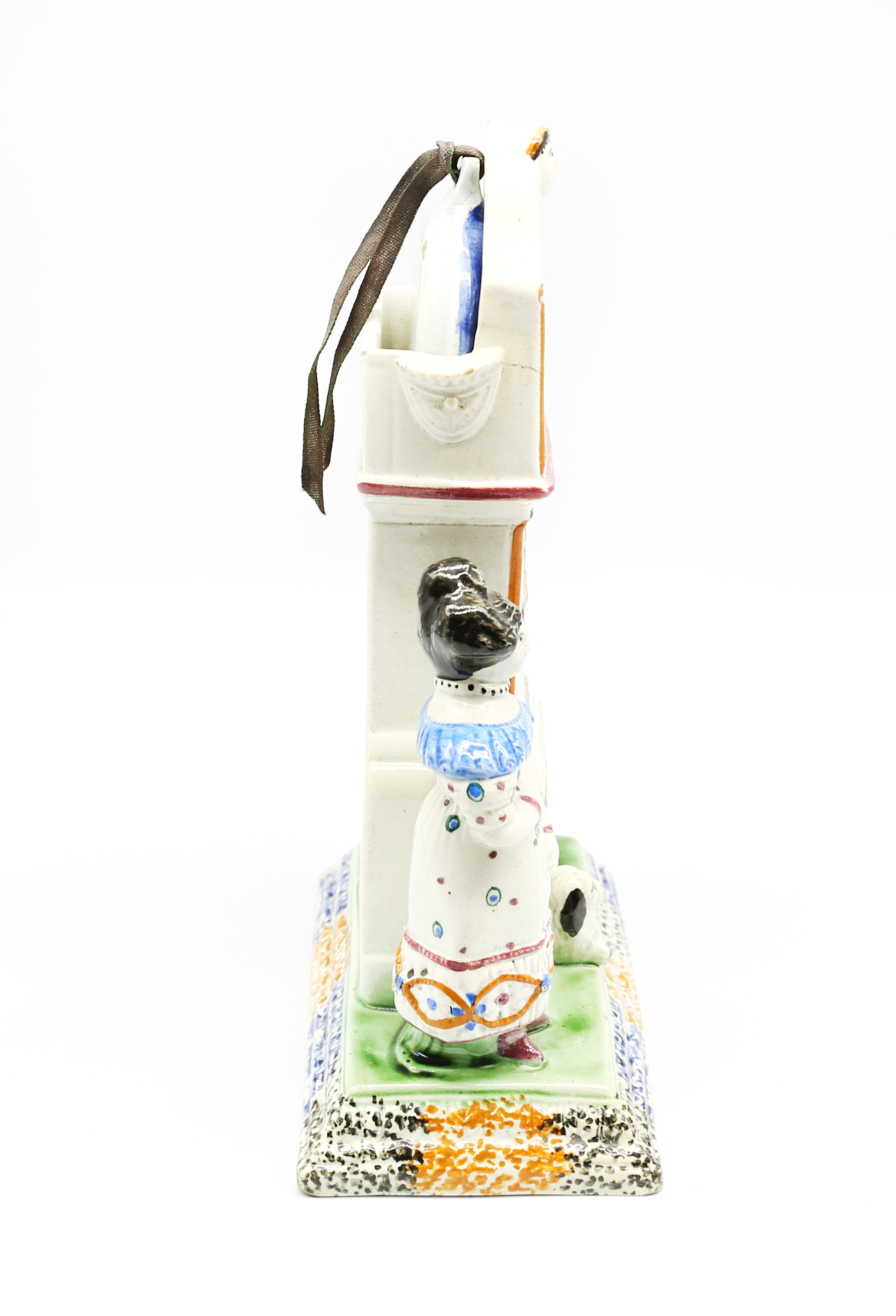A Prattware watch stand and watch.  Flanked by a man and a woman and a dog. Complete with original - Image 4 of 20