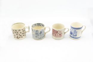 Four small pottery mugs, two blue and white Imperial half pint measures, along with a F is for Fox