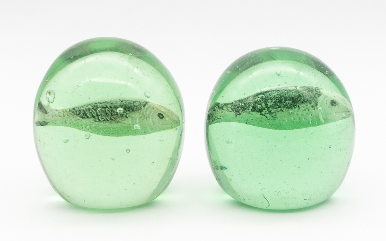 Two Victorian green glass domed paperweights, with sulphide fish designed centres, one slightly - Image 2 of 3
