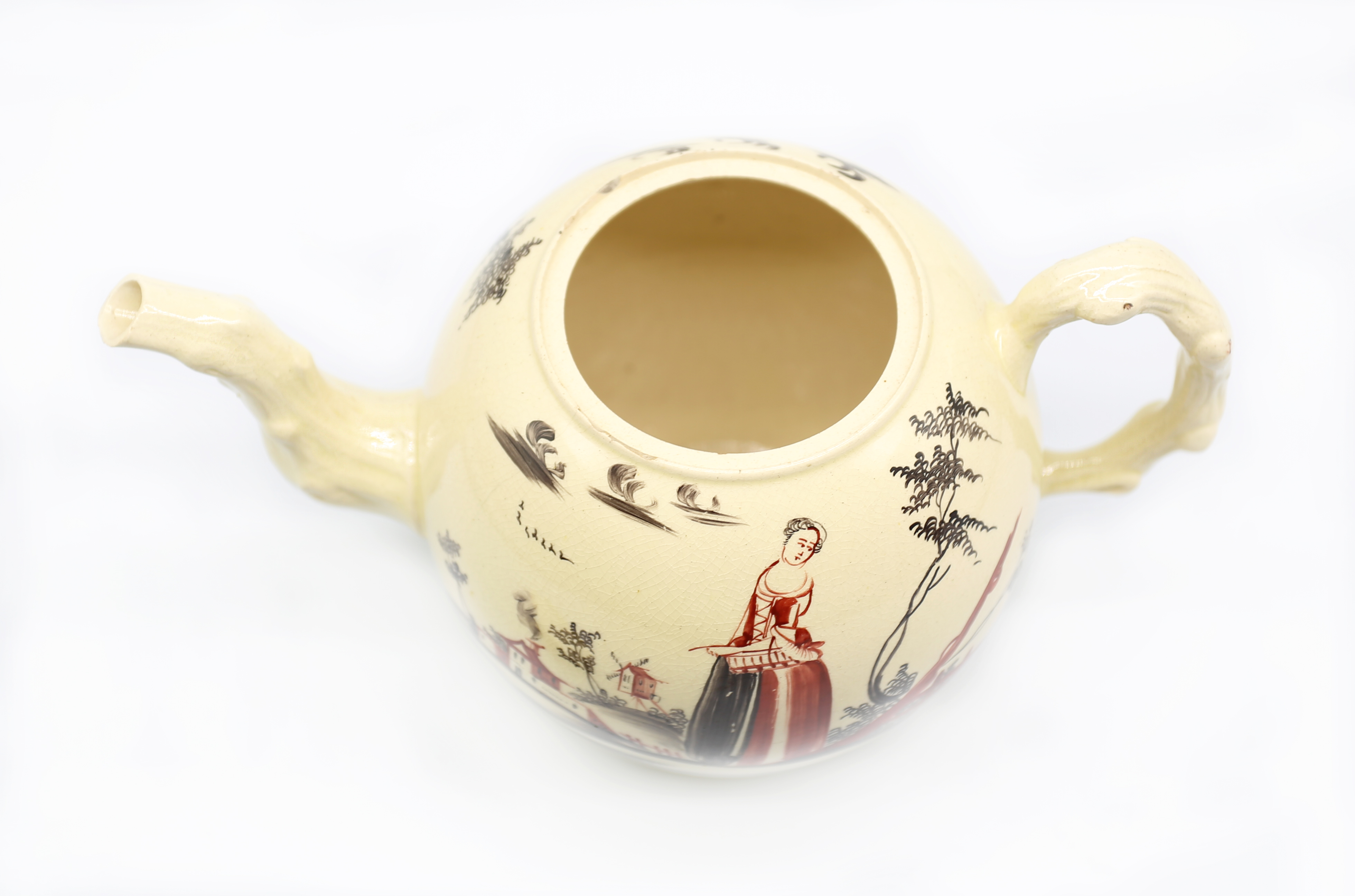 A Leeds creamware globular Teapot and cover, painted with a lady within a landscape, with a crab - Image 11 of 14