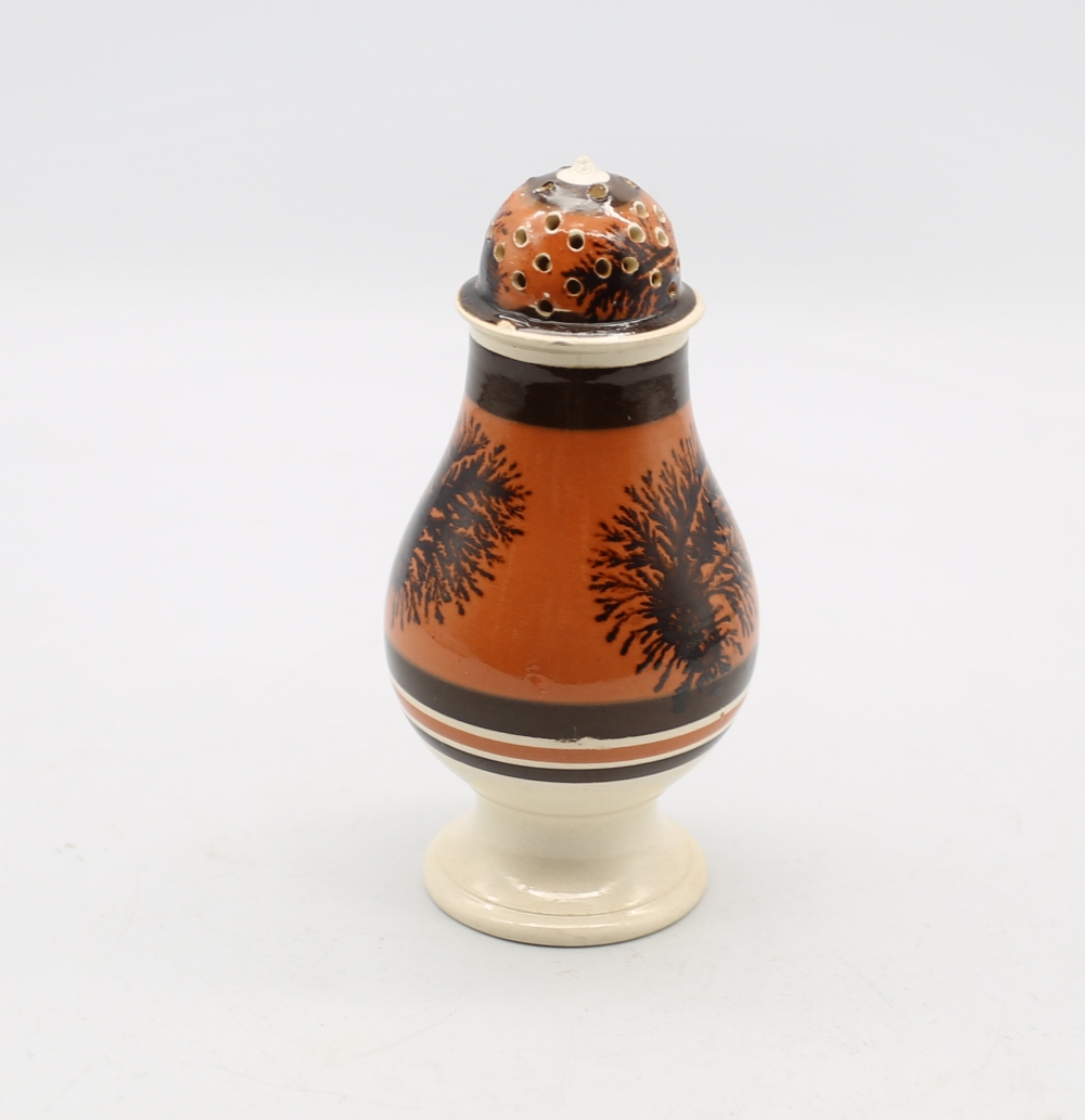 A creamware Mocha caster, dark orange ground, with brown feathered trees and bands.  Circa 1800- - Image 2 of 7