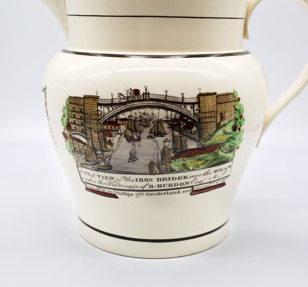 A Sunderland large creamware jug, depicting  ‘A West View of the Iron Bridge over the Wear’ to one - Bild 2 aus 18