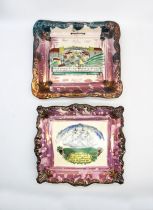 Two Sunderland lustre plaques, with printed scenes of A west view of the Iron bridge over the