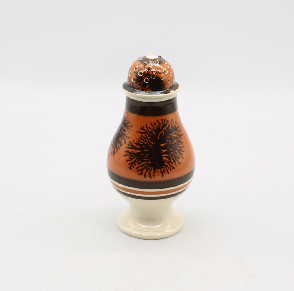 A creamware Mocha caster, dark orange ground, with brown feathered trees and bands.  Circa 1800- - Image 3 of 7