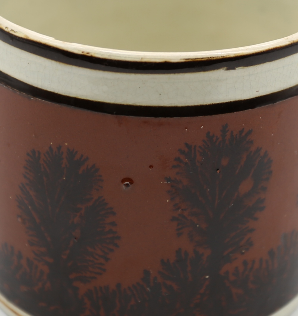 A creamware Mocha mug, dark terracotta ground with back feathered trees and black bands  Circa - Image 7 of 9