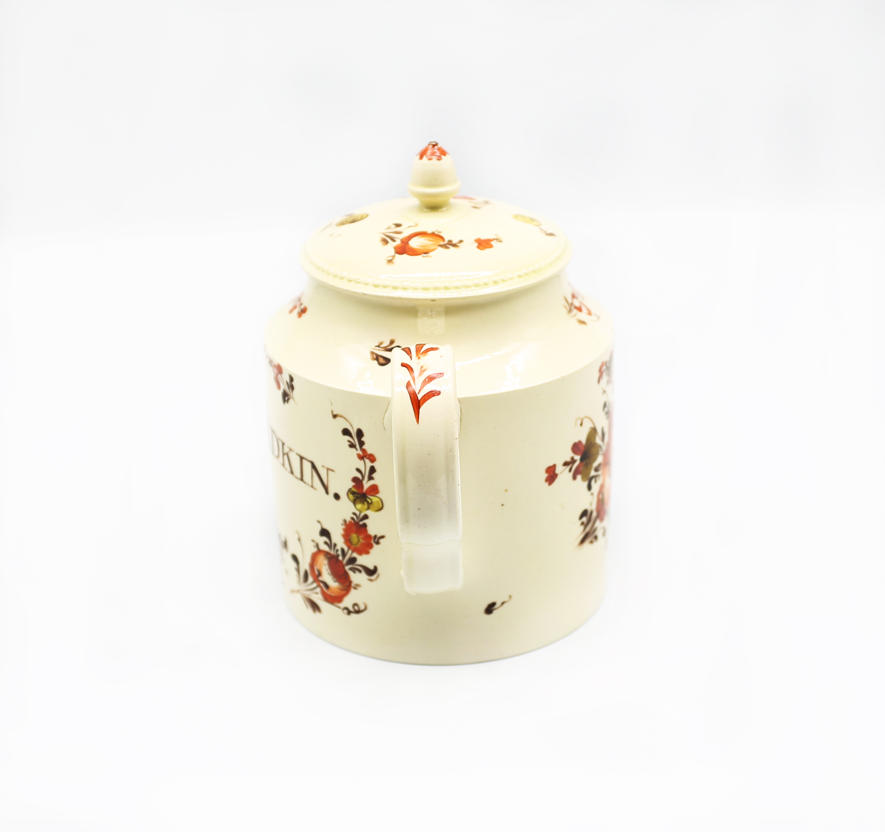 A Staffordshire Creamware William Greatbatch cylindrical teapot and cover, with an ear shaped handle - Image 2 of 15